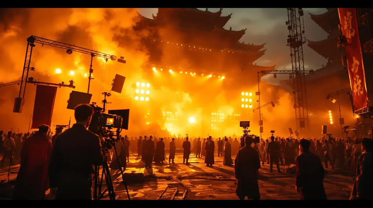 丫丫影视城摄影棚全景,古风宫殿与片场灯光交相辉映